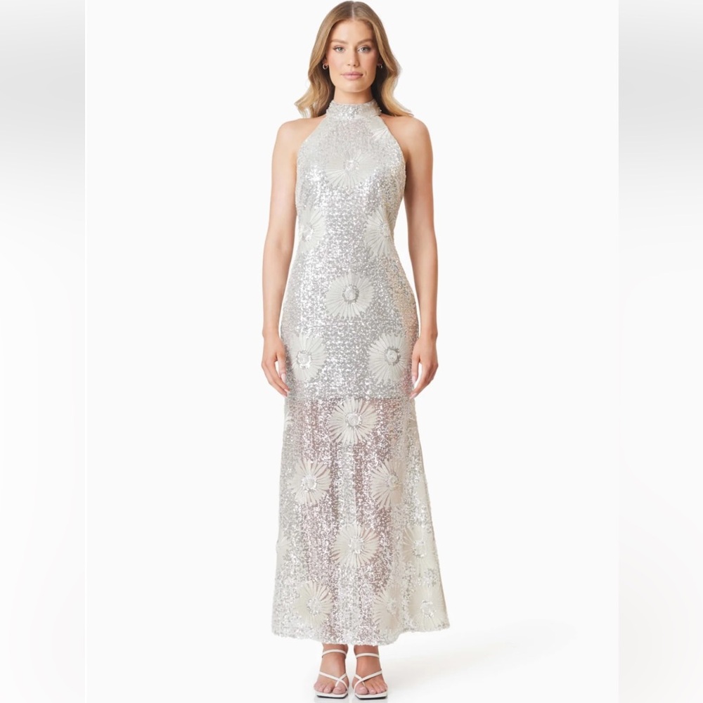 elliatt caledonia silver floral embroidered sequin beaded maxi gown dress small